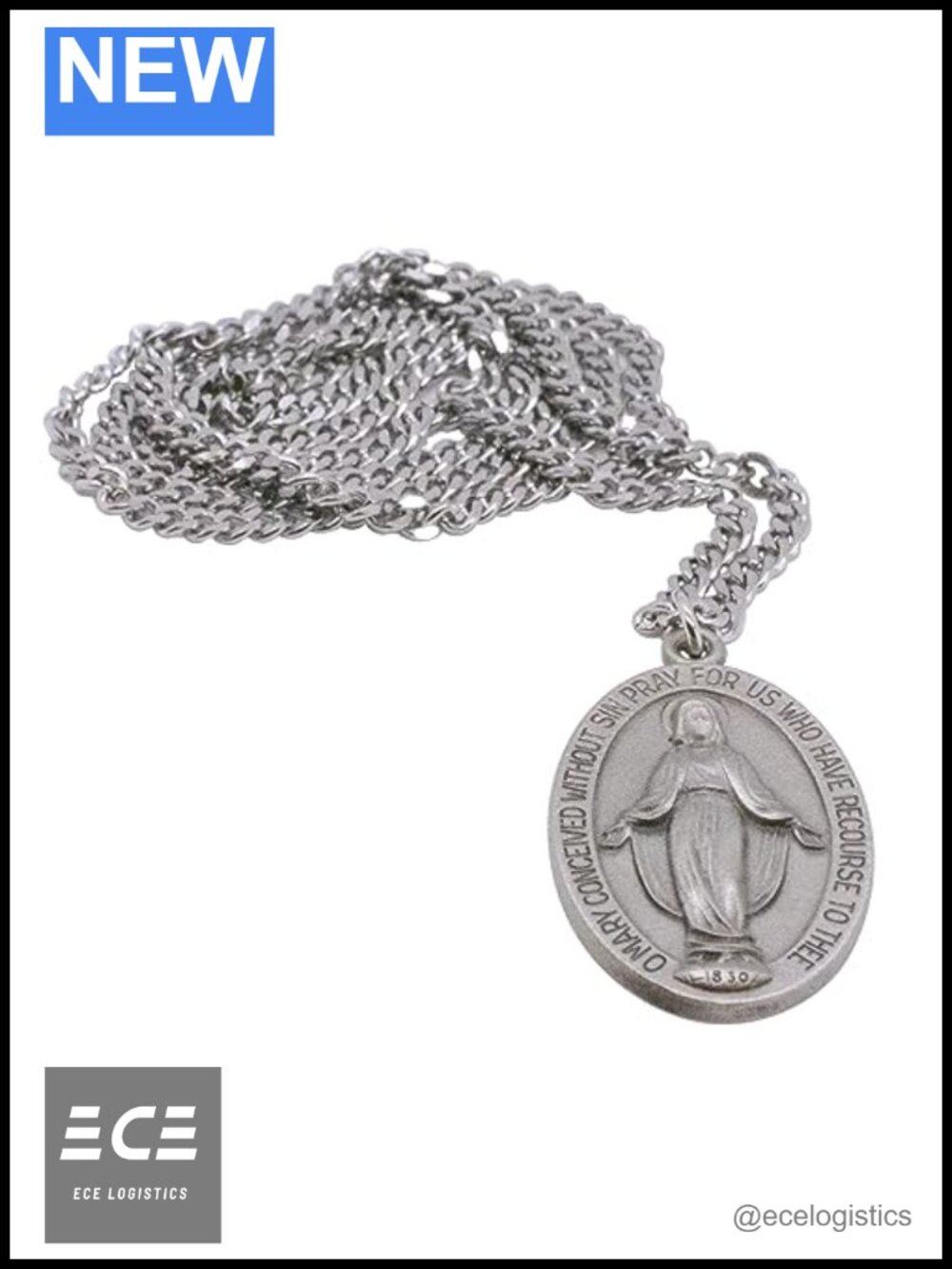 Pewter Miraculous Medal Necklace 24 Inch C-Link Chain Catholic Devotional